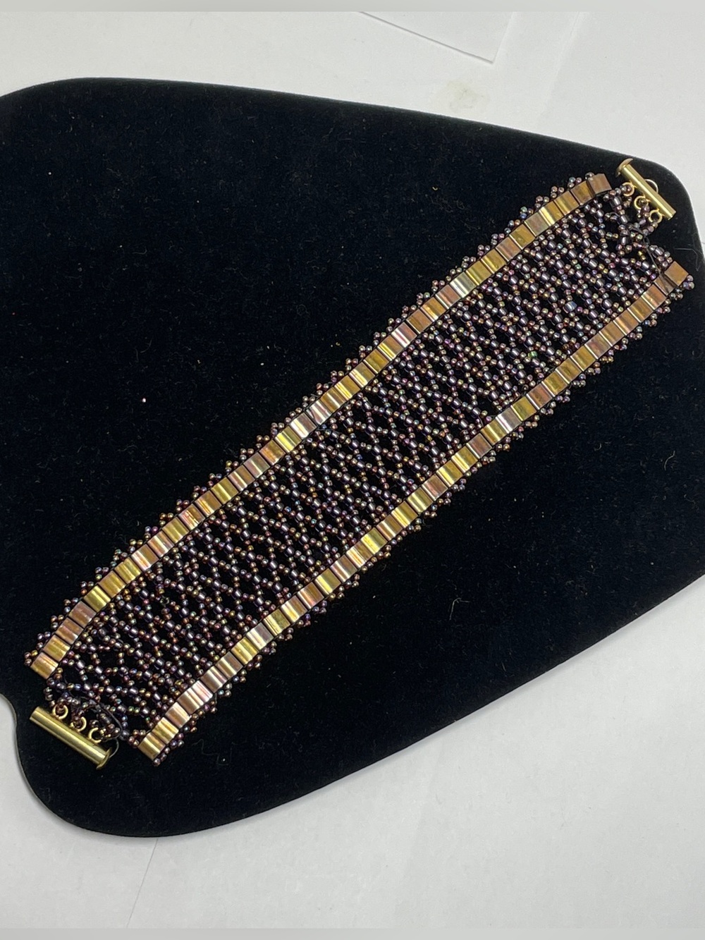 Artisan Woven Beaded Cuff Bracelet Iridescent Copper Maroon 8” Barrel Clasp